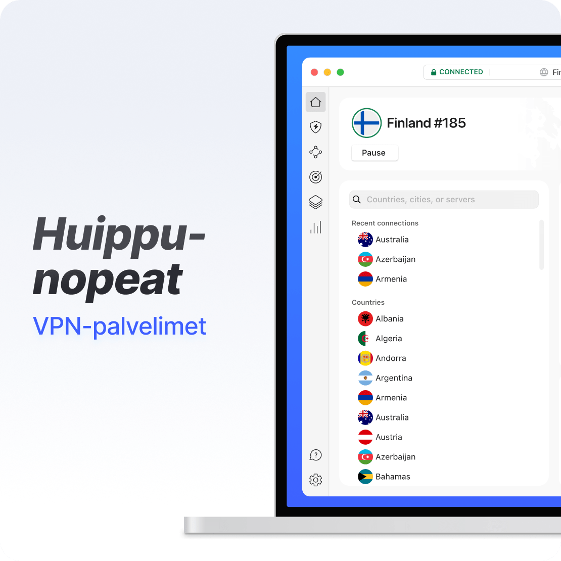 Kannettavalla tietokoneella on auki NordVPN-sovelluksen käyttöliittymä, jossa näkyy huippunopea VPN-yhteys.