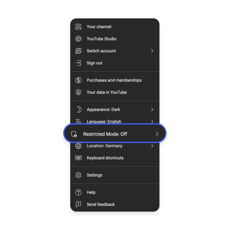 YouTube settings menu