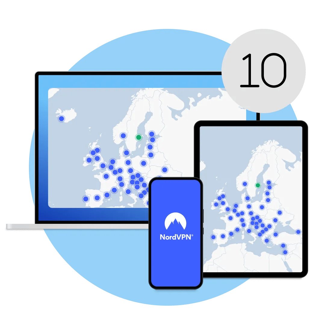 Tio enheter är anslutna till ett NordVPN-konto