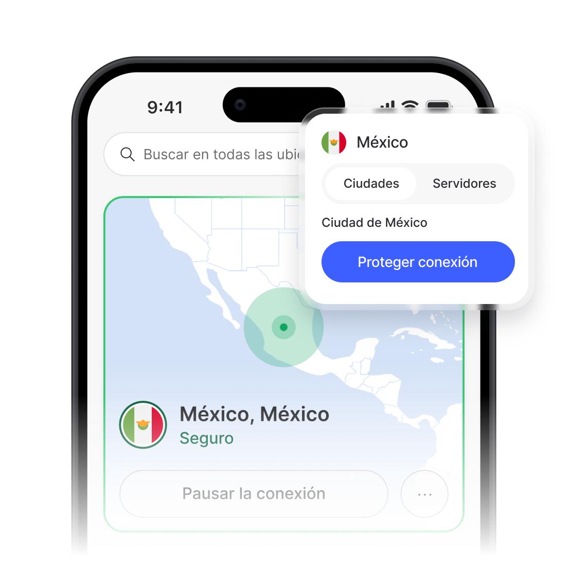 La app de NordVPN muestra una conexión segura y la lista de servidores de España.