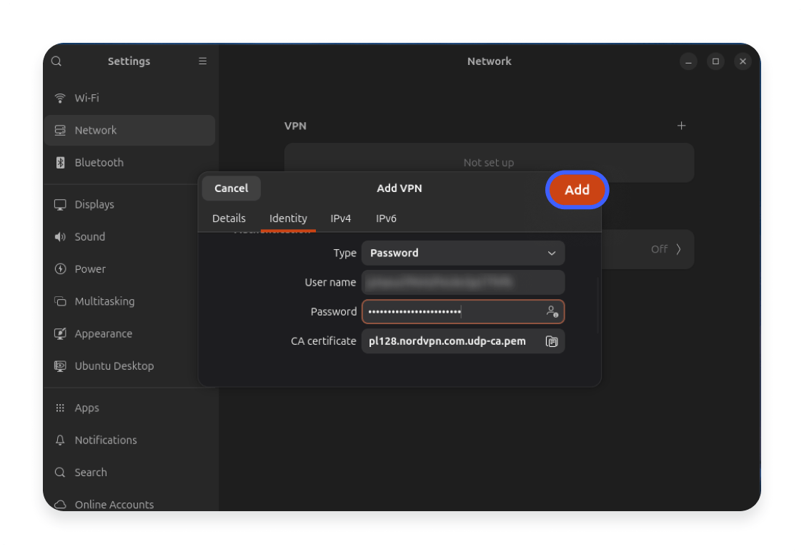 How to set up a VPN on Ubuntu using the GUI: Step 7
