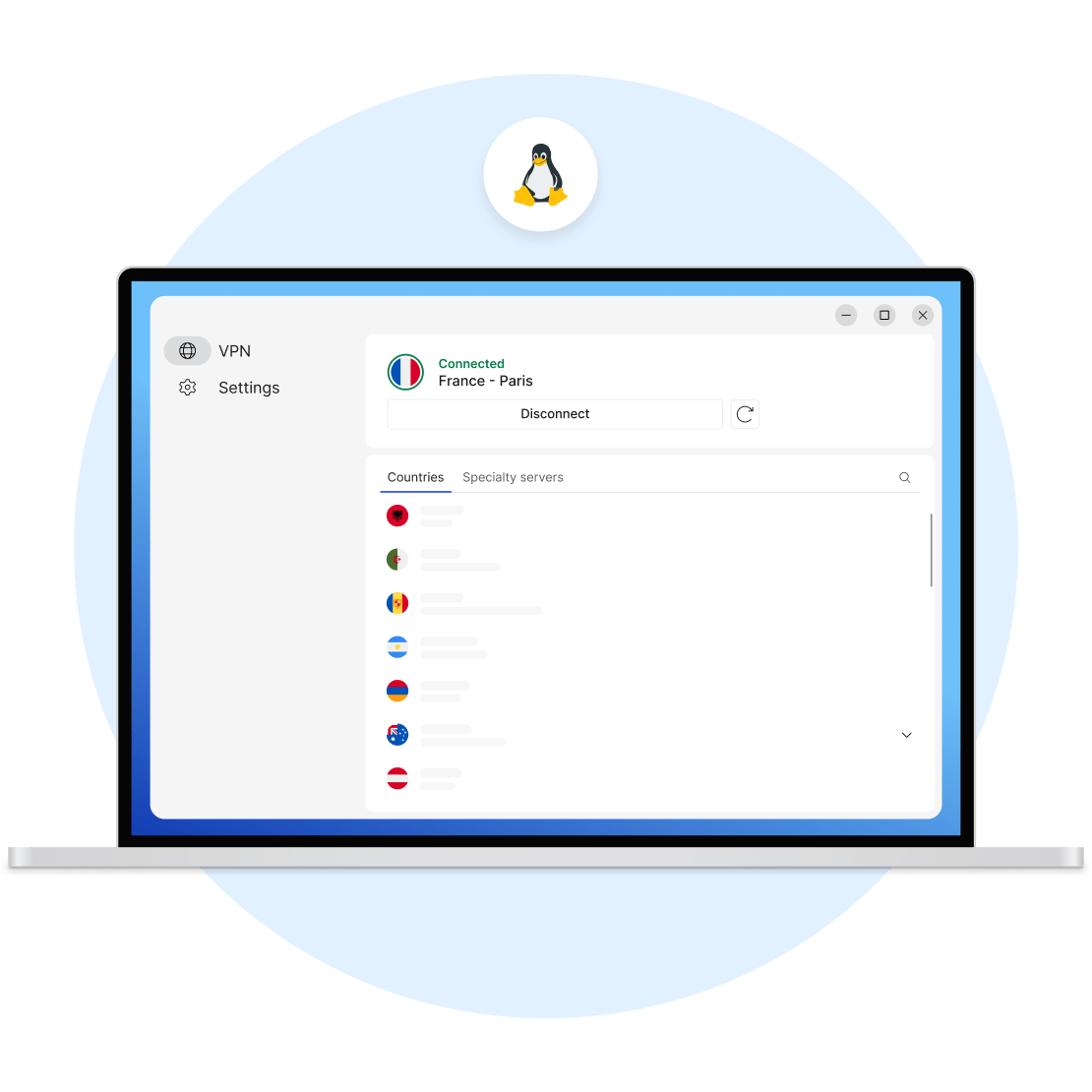 Un écran d’ordinateur portable affichant les serveurs nationaux de NordVPN : une alternative à un VPN gratuit pour Linux.