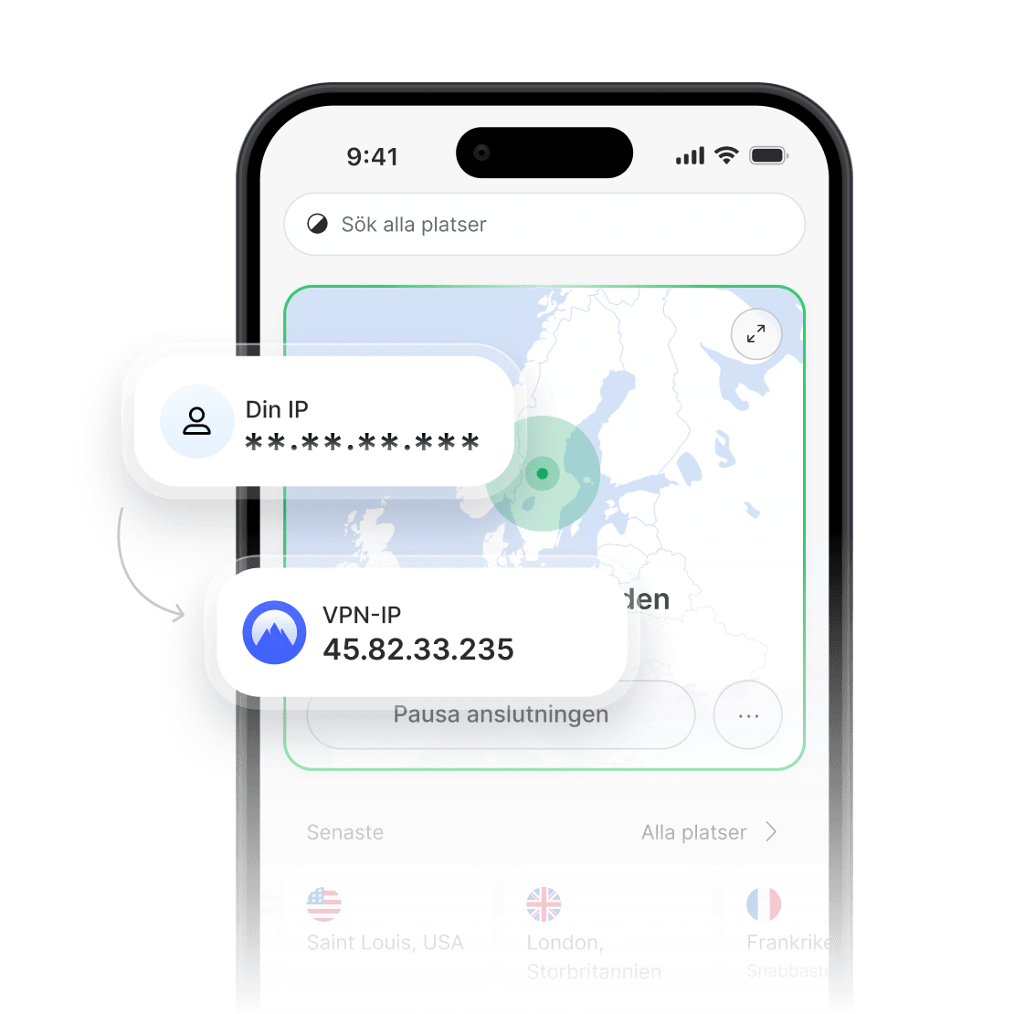 NordVPN-appen som visar en dold faktisk IP-adress och en ny VPN-IP-adress.
