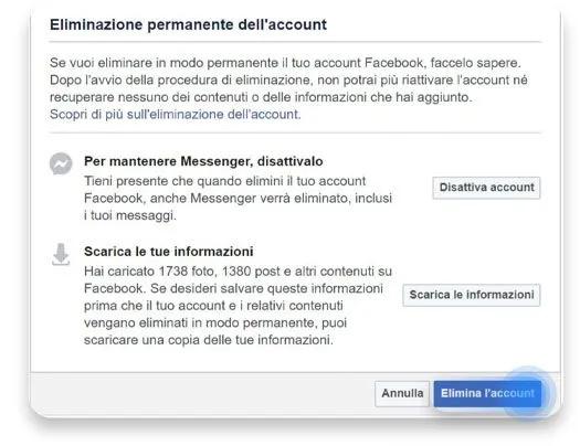 eliminare account facebook