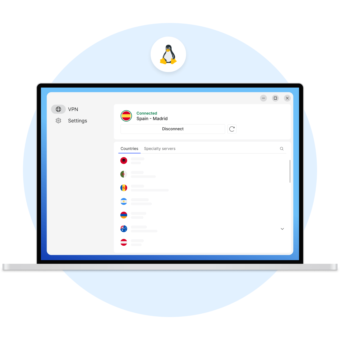 La pantalla de un portátil que muestra los servidores de país de NordVPN, una alternativa de VPN gratuita para Linux.