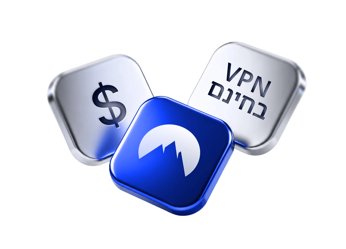 שלוש אריחים המציגים את הלוגו של NordVPN, מינוי VPN בחינם וסימן דולר.