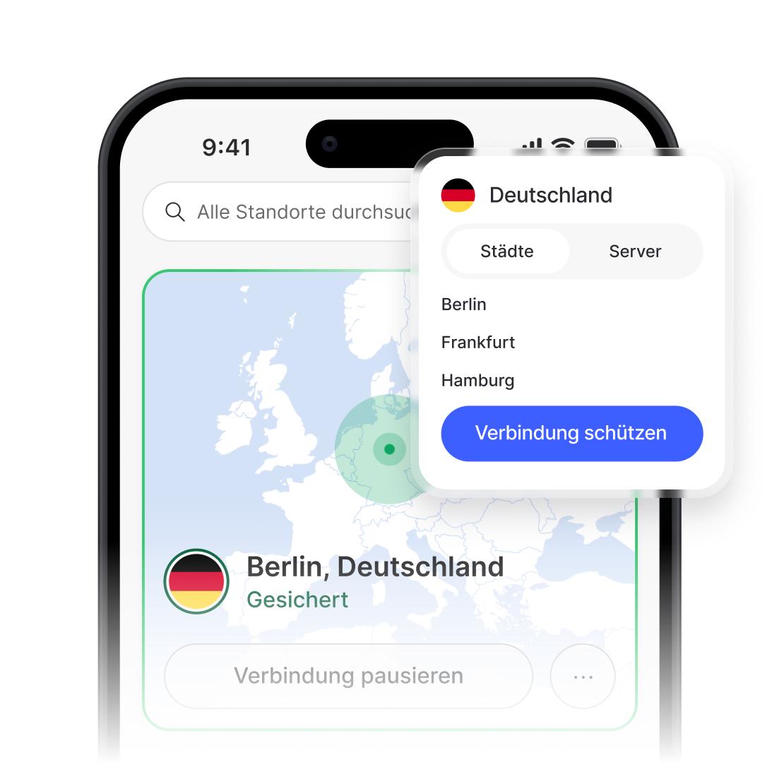 Die NordVPN-App zeigt eine sichere Verbindung und die Serverliste für Deutschland an.