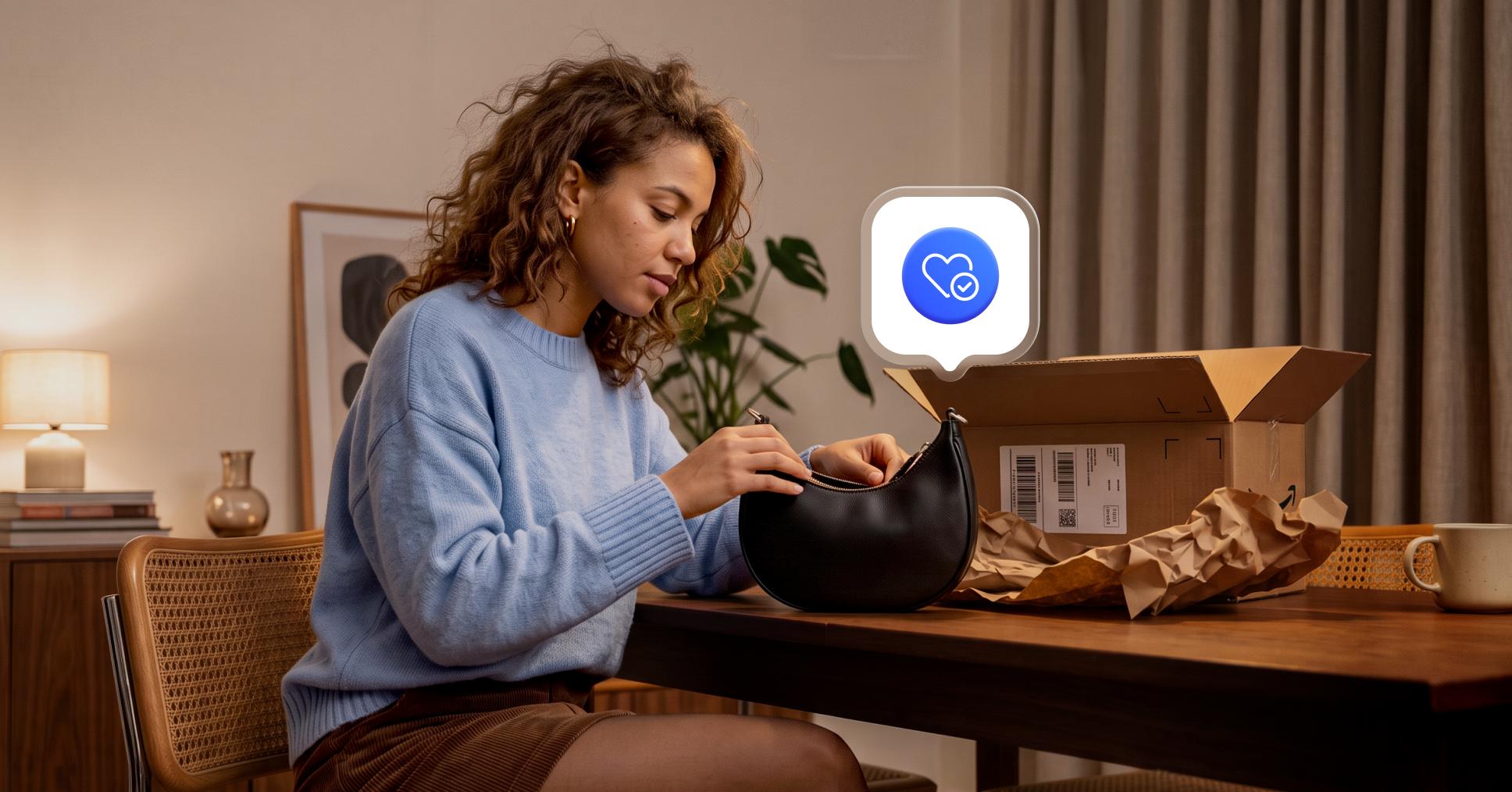 A woman and her purchase from Poshmarkt.