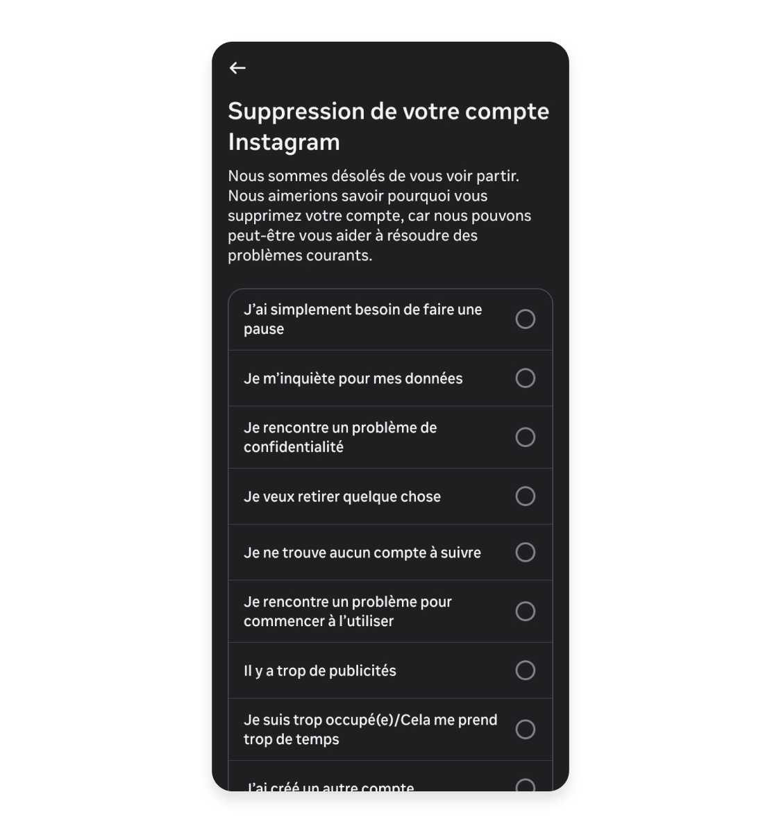Suppression d&#39;un compte Instagram sur mobile : confirmer le motif de suppression