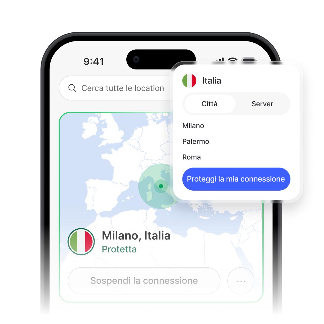 L'app di NordVPN che mostra una connessione sicura e l'elenco dei server in Italia.
