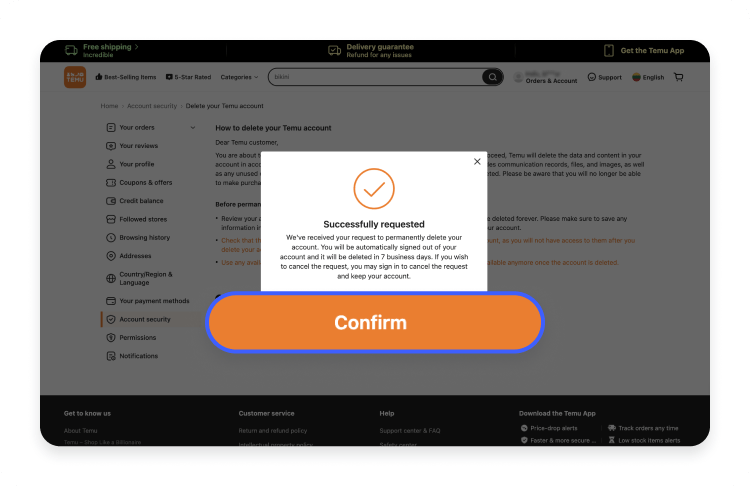 How to delete your Temu account via the website 6