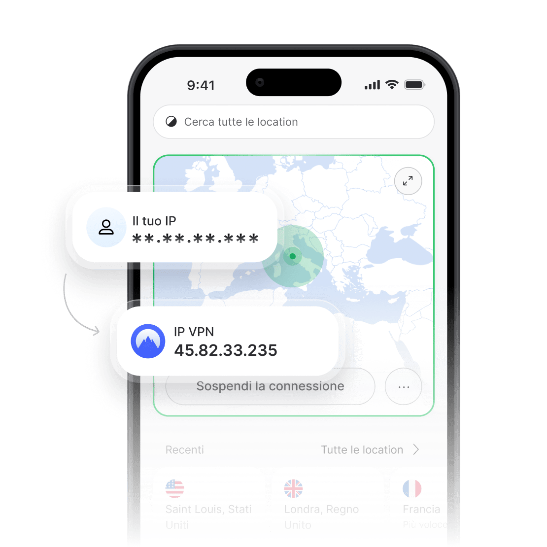 L'app NordVPN mostra l'indirizzo IP reale nascosto e un nuovo indirizzo IP VPN.