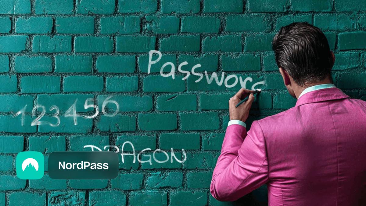 A man with a purple suit writing the most common password used in America on a white board.