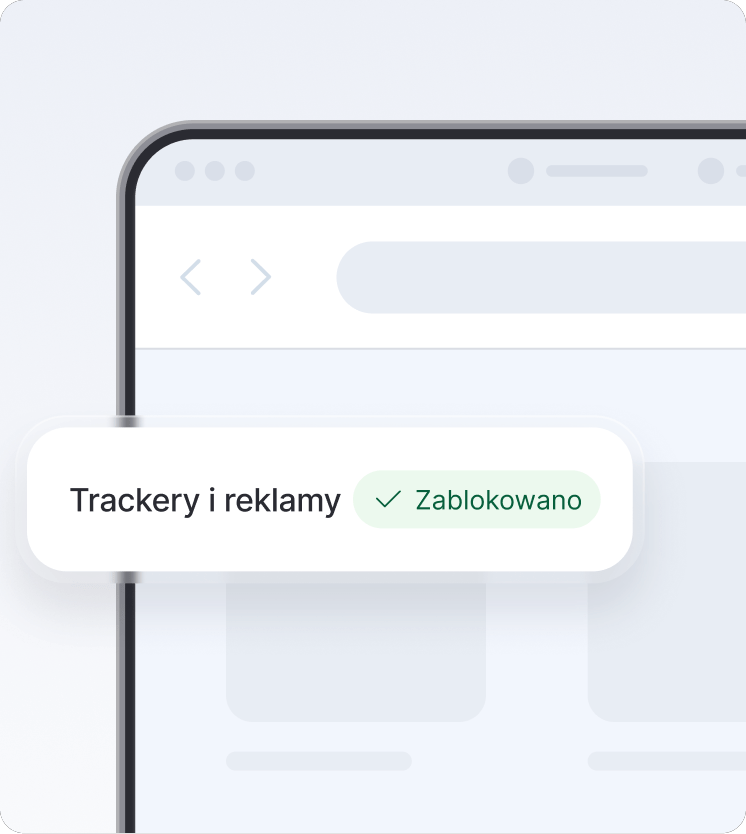 Ekran przeglądarki pokazujący nowoczesny antywirus blokujący trackery i reklamy.