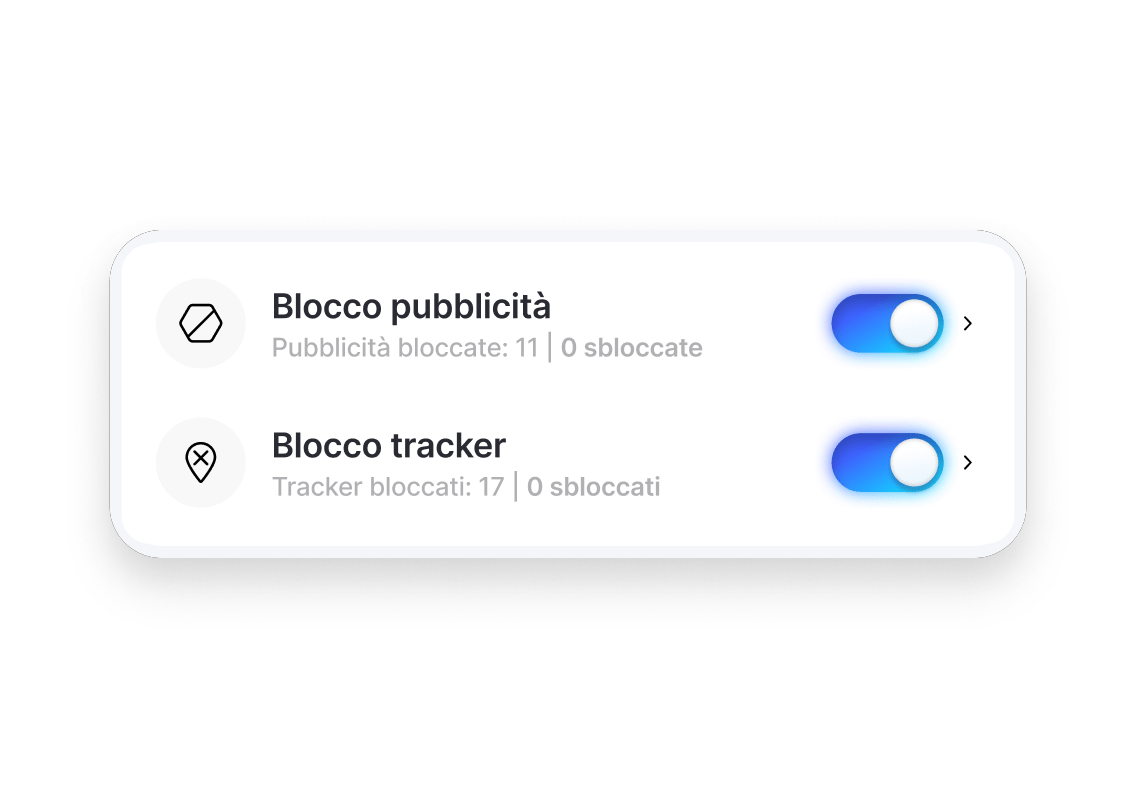 Funzionalità di blocco di pubblicità e tracker attivate nella dashboard dell&#39;antivirus next-gen.