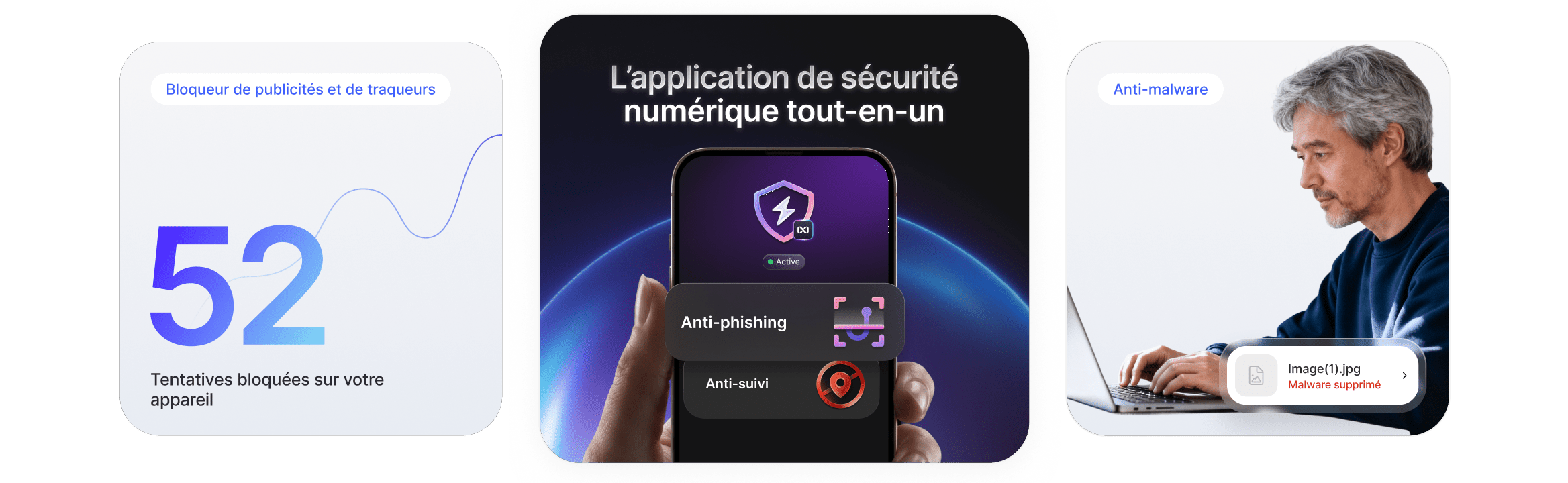 Éléments visuels illustrant les fonctionnalités anti-arnaque, anti-suivi et anti-malware de l’antivirus nouvelle génération de NordVPN.
