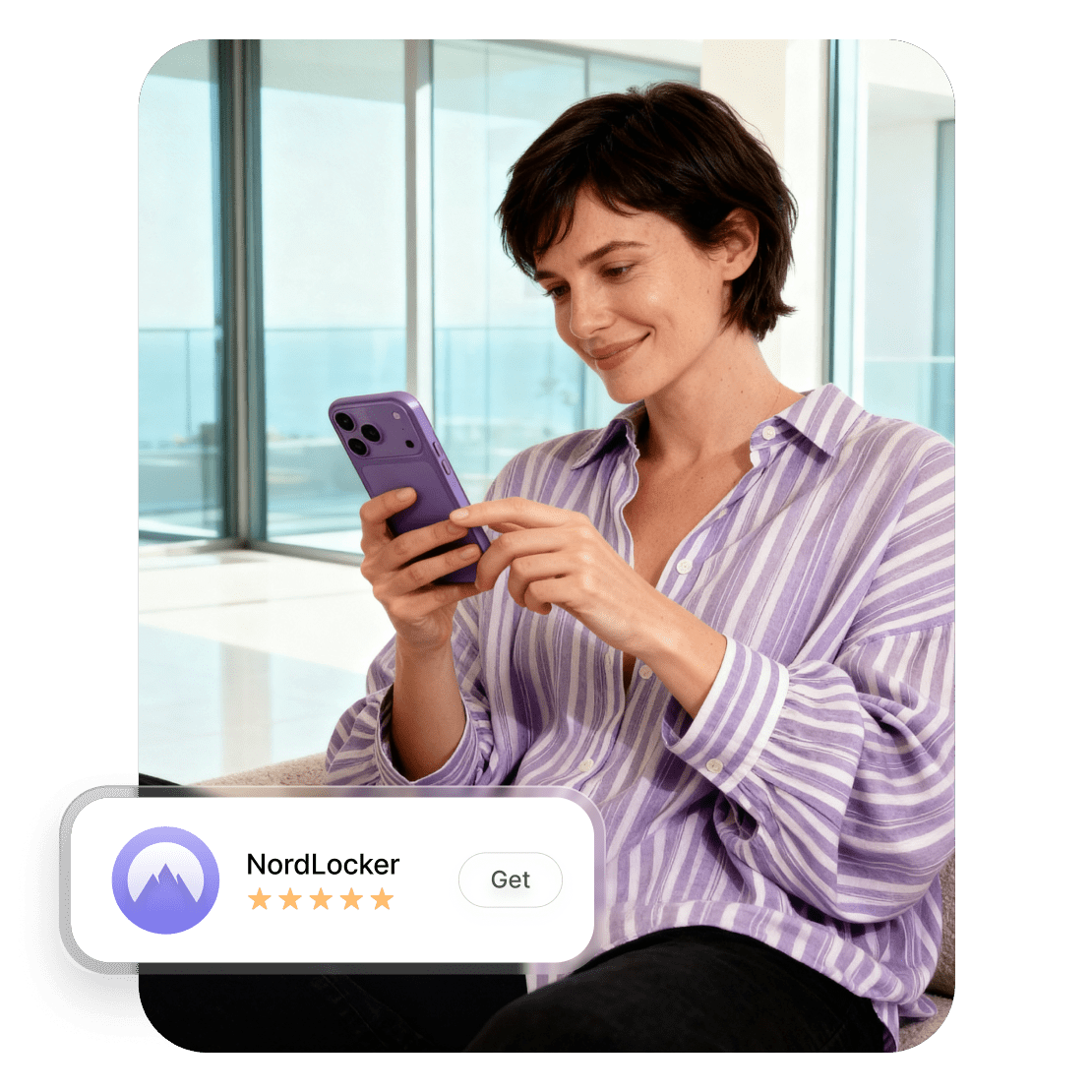 A woman downloading NordLocker on her phone with a top NordLocker review score.