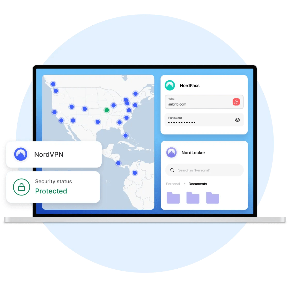 A laptop screen showing NordVPN, NordPass, and NordLocker installed and protecting the user.