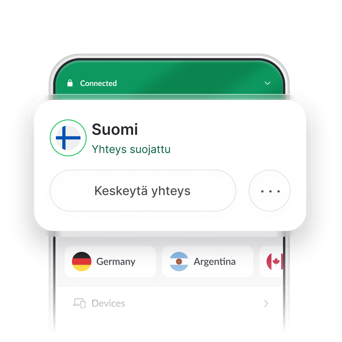Kuvakaappaus NordVPN-sovelluksen käyttöliittymästä, jossa on valittuna Suomen palvelin.