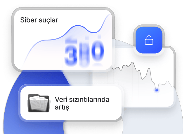 Güvenliği temsil eden bir kilit simgesinin yanında, artan veri sızıntılarını ve güvenlik trendlerini gösteren siber suç panosu.