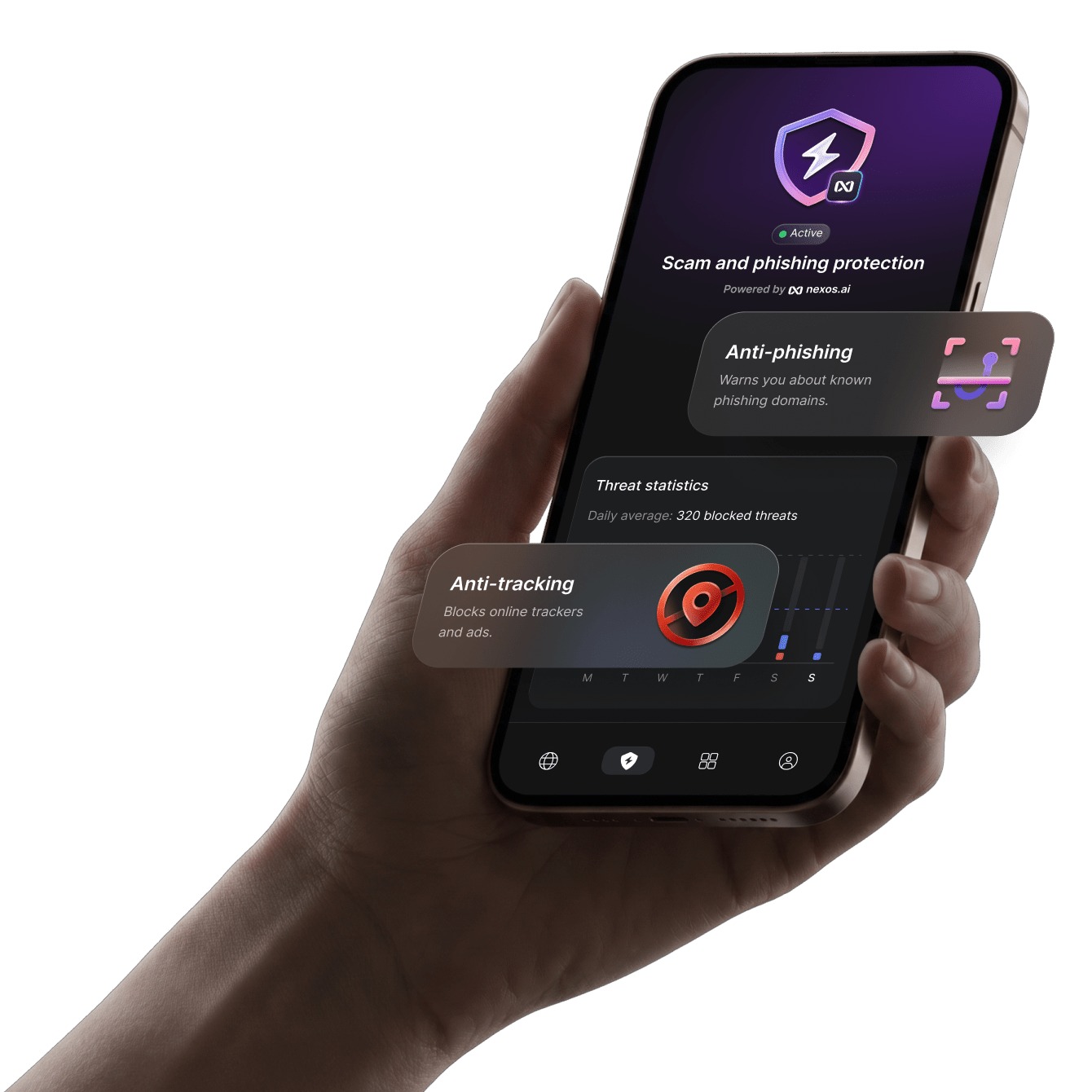 A VPN app interface showing scam protection features and an active anti-tracking module.