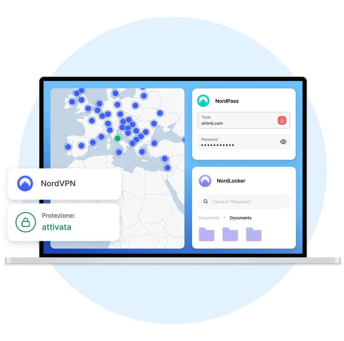 Lo schermo di un laptop mostra NordVPN, NordPass e NordLocker installati per proteggere l&#39;utente.