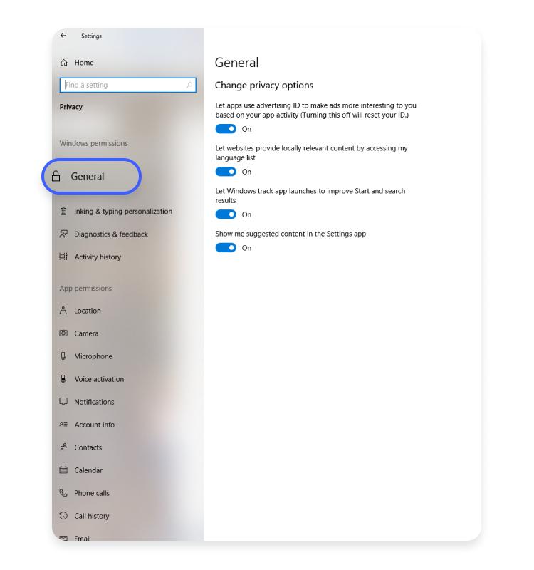 disable advertising on windows10 general
