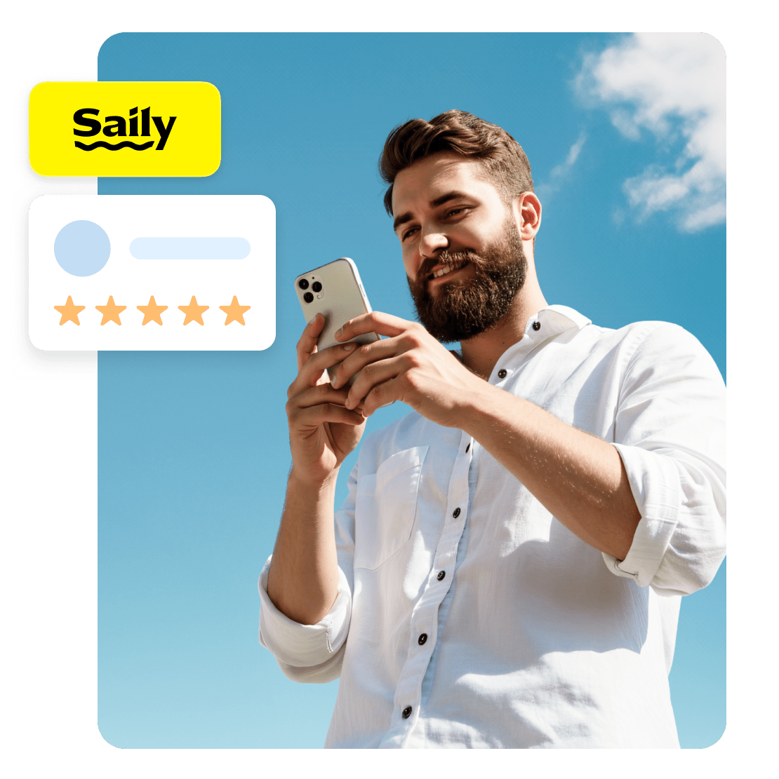 A person reviews the Saily eSIM app, leaving a 5-star rating.