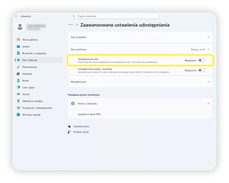 Zrzut ekranu 5: Instrukcje dot. metody wykrywania sieci na Windows