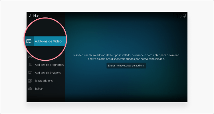 Tela de acesso aos add-ons de vídeo do Kodi