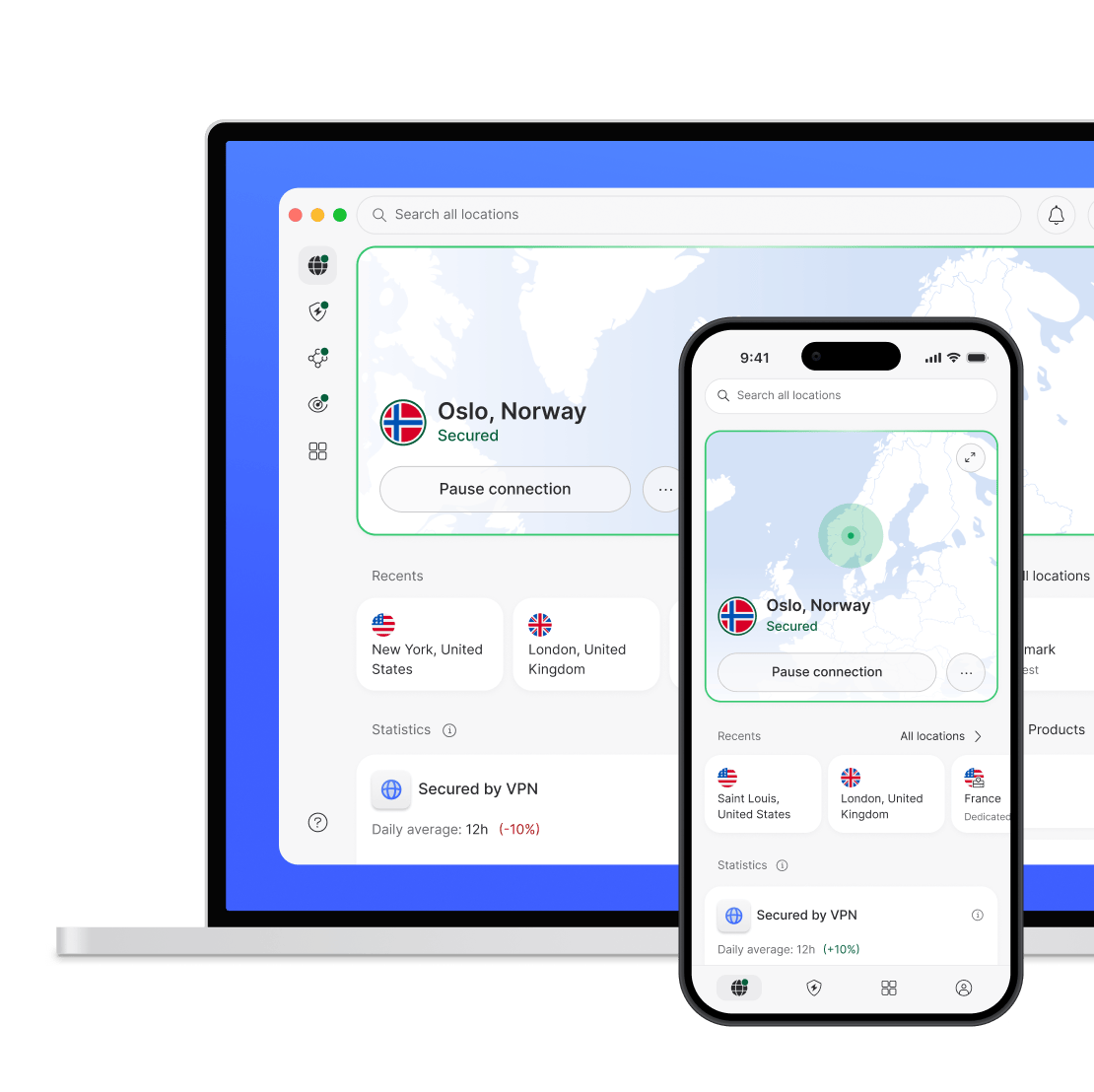 En bærbar PC og en smarttelefon som beskyttes av NordVPN.