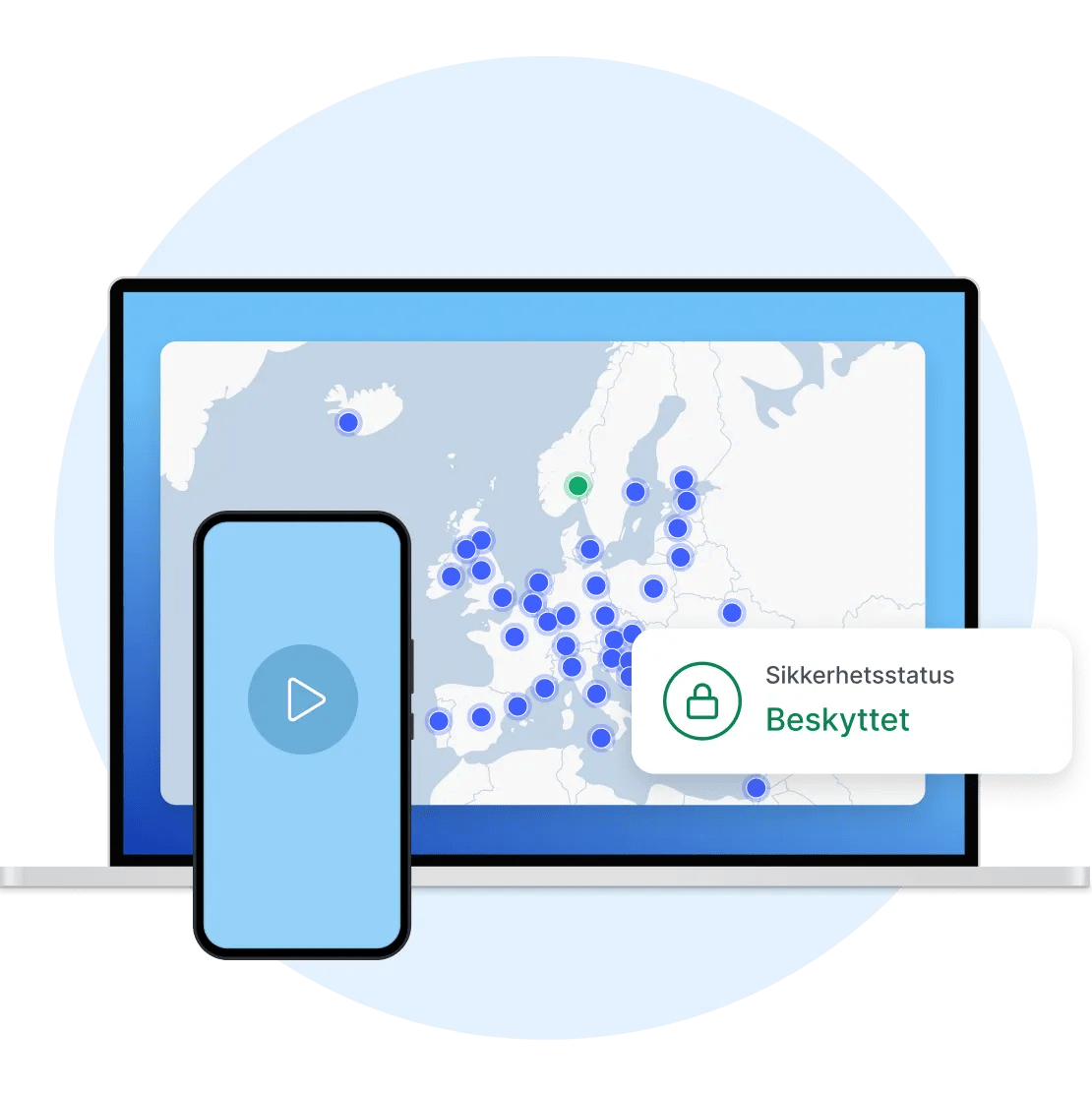 En laptop og en telefon som viser NordVPN åpent og koblet til en sikker VPN-server.