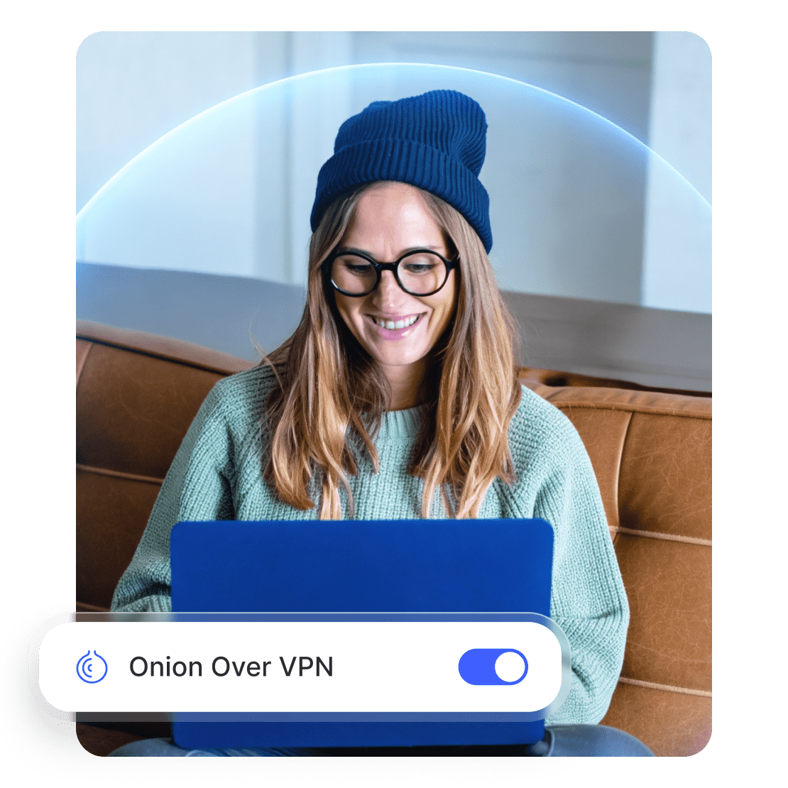 A woman using a laptop with NordVPN’s Onion Over VPN feature toggled on.