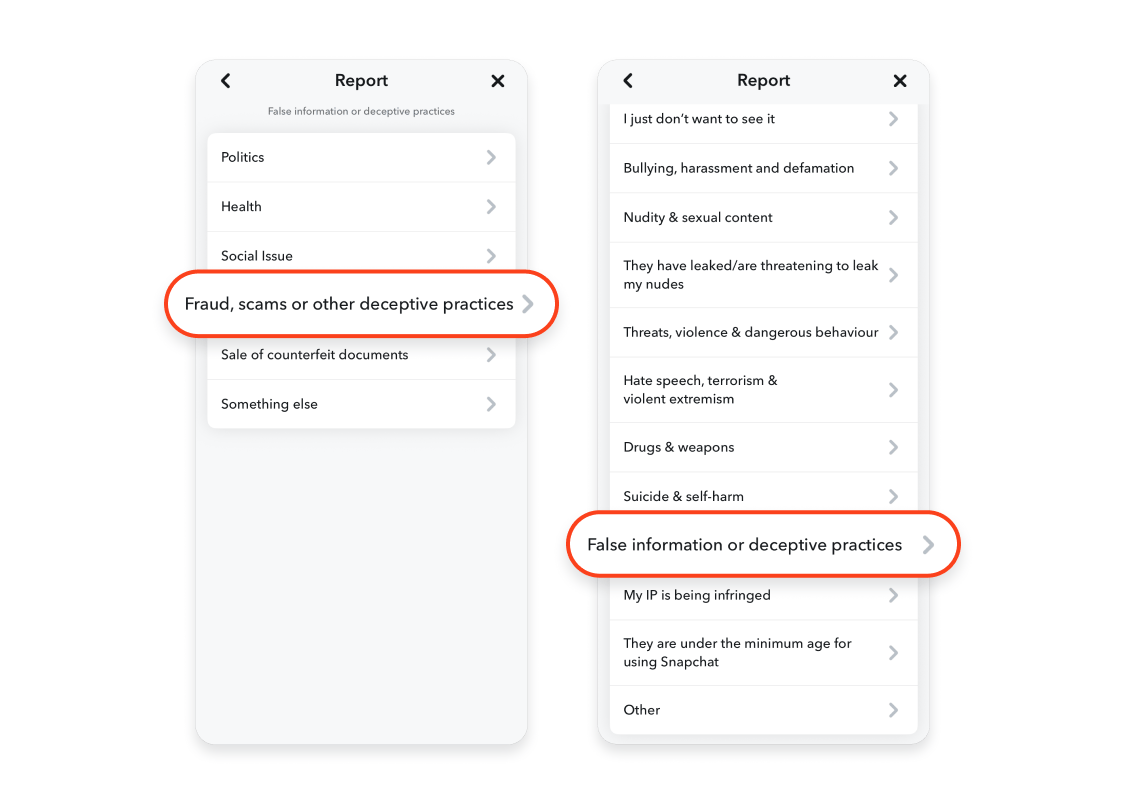 Two Snapchat Report screens with reporting categories circled: “Fraud, scams or other deceptive practices” and “False information or deceptive practices.”