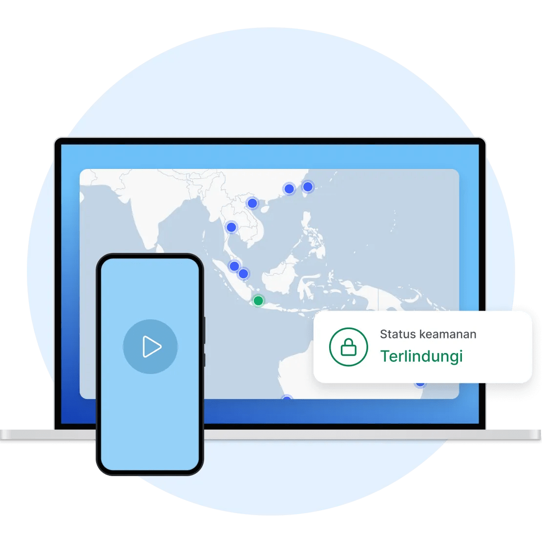 Laptop dan ponsel yang menunjukkan NordVPN terbuka dan terhubung ke server VPN yang aman.