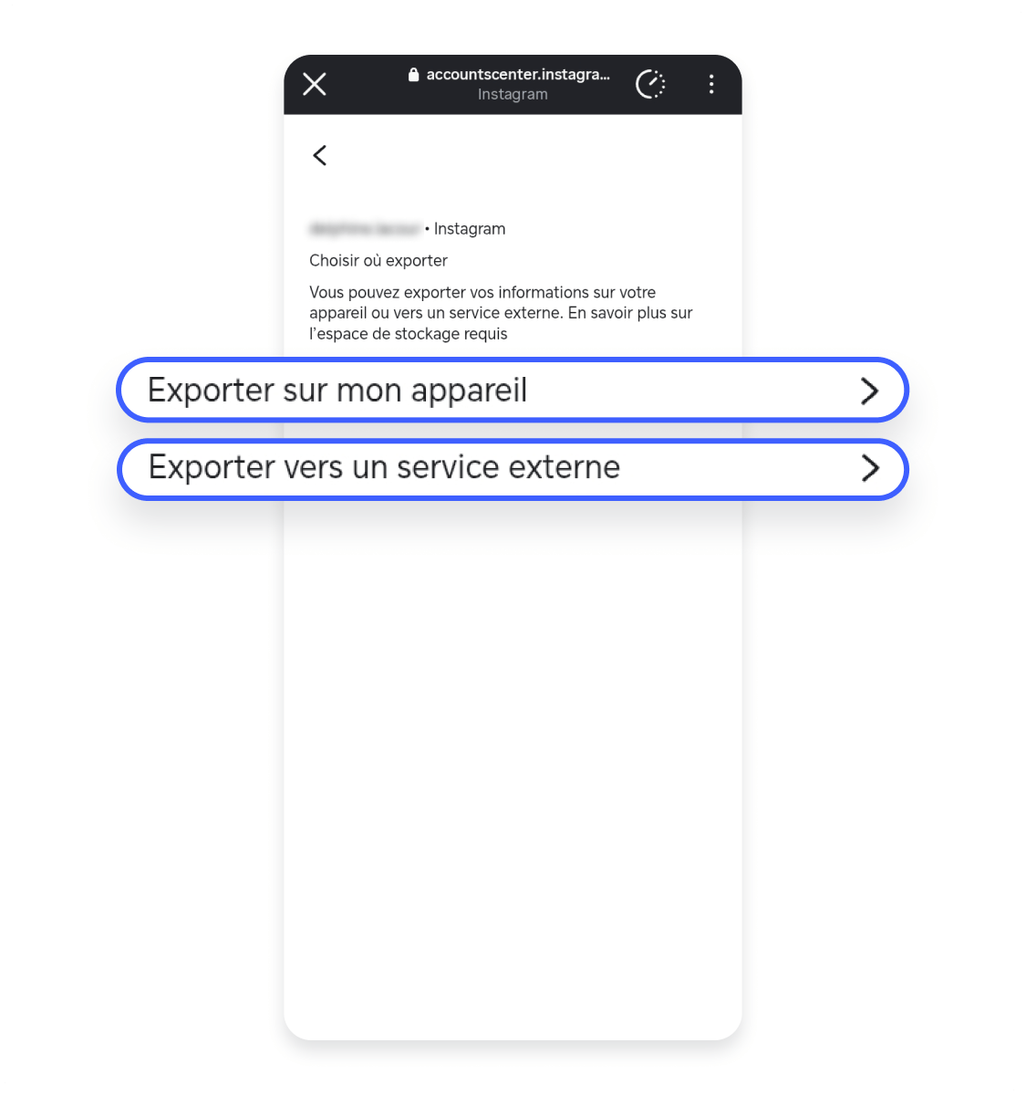 Première étape de l&#39;exportation des données avant de supprimer un compte Instagram : Choisir la destination du fichier d&#39;exportation