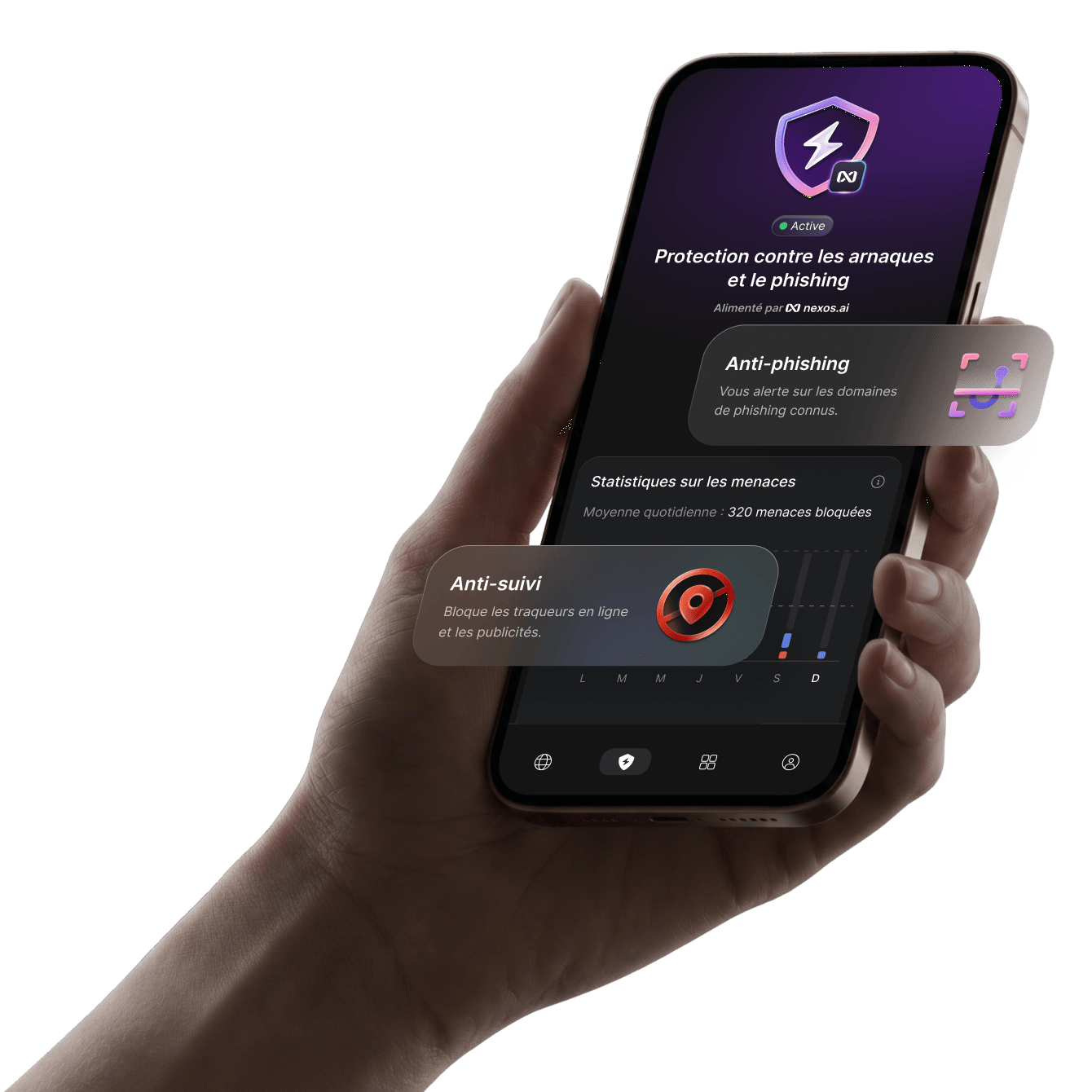 Une interface d’application VPN affichant des fonctionnalités de protection contre les escroqueries et un module anti-suivi actif.