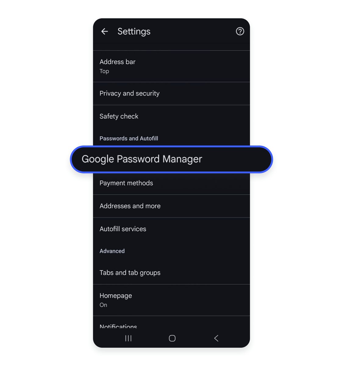 How to find saved passwords on Chrome mobile Android devices: Step 3