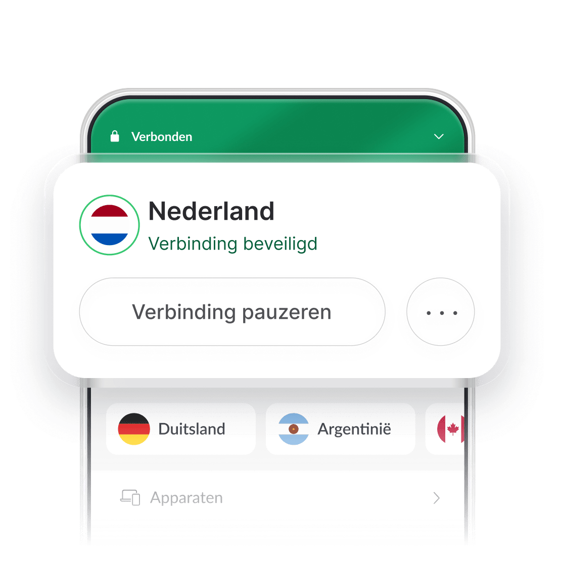 Schermafbeelding van de interface van de NordVPN-app met de Nederlandse server geselecteerd.