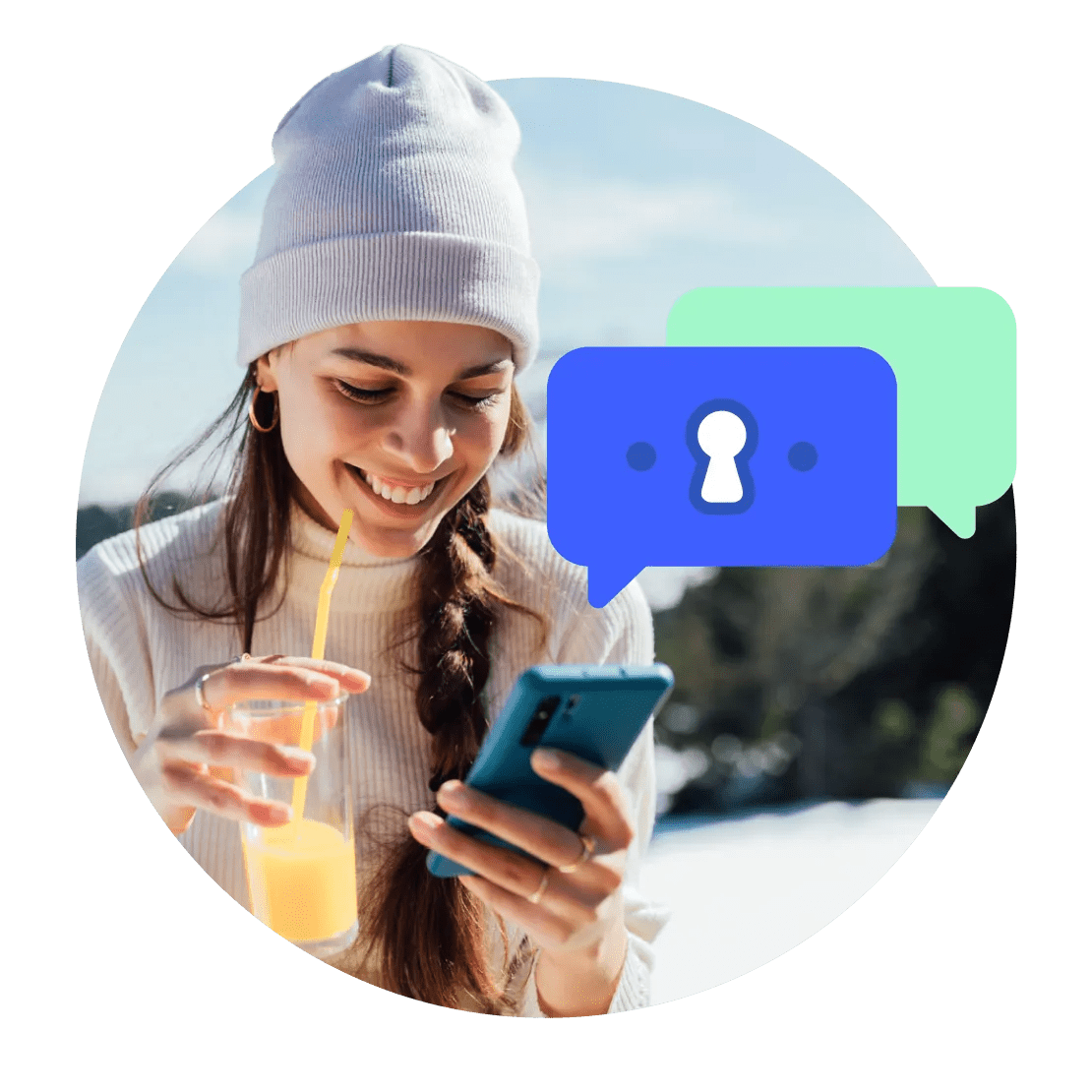 A woman using an E2E encrypted chat app to enjoy secure messaging.