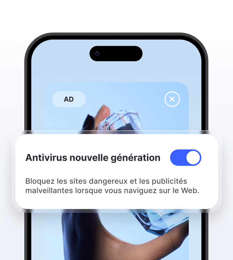 Un écran de téléphone sur lequel le bloqueur de publicités de l’antivirus nouvelle génération est activé.