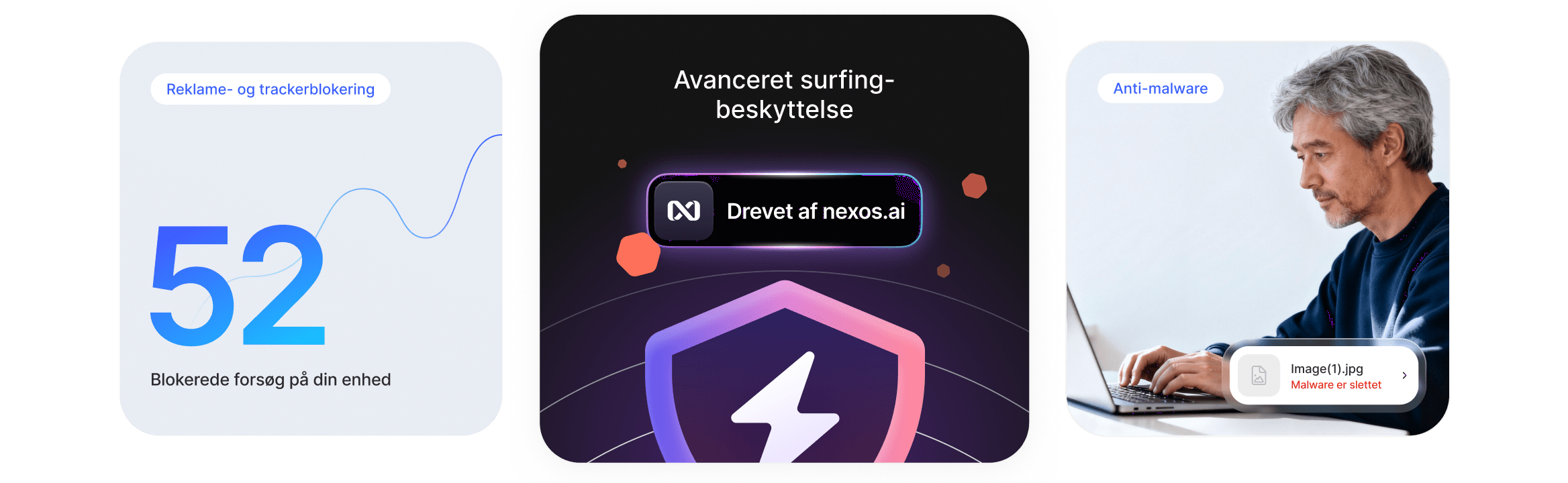 En mand benytter sig af avanceret surfingbeskyttelse og undgår reklamer, trackere og skadelige downloads.