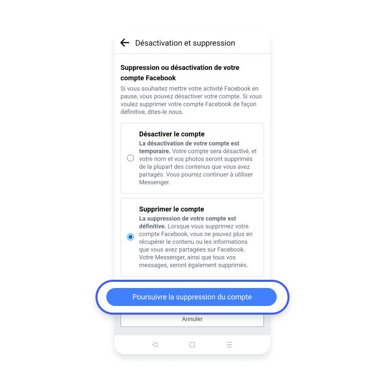 Cliquez sur le bouton Poursuivre la suppresion du compte pour poursuivre le processus