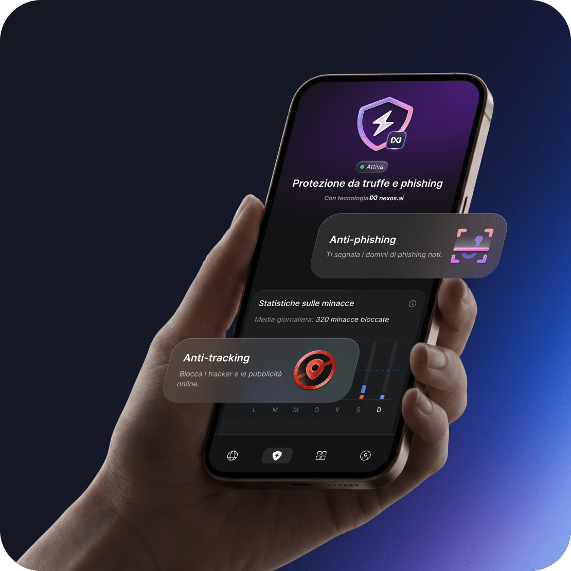 Una mano tiene un telefono con la dashboard di protezione dalle truffe e le funzionalità anti-truffa e anti-tracking evidenziate sullo schermo.