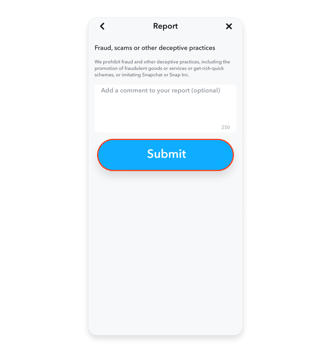 Snapchat Report screen for “Fraud, scams or other deceptive practices” with the “Submit” button circled in red.