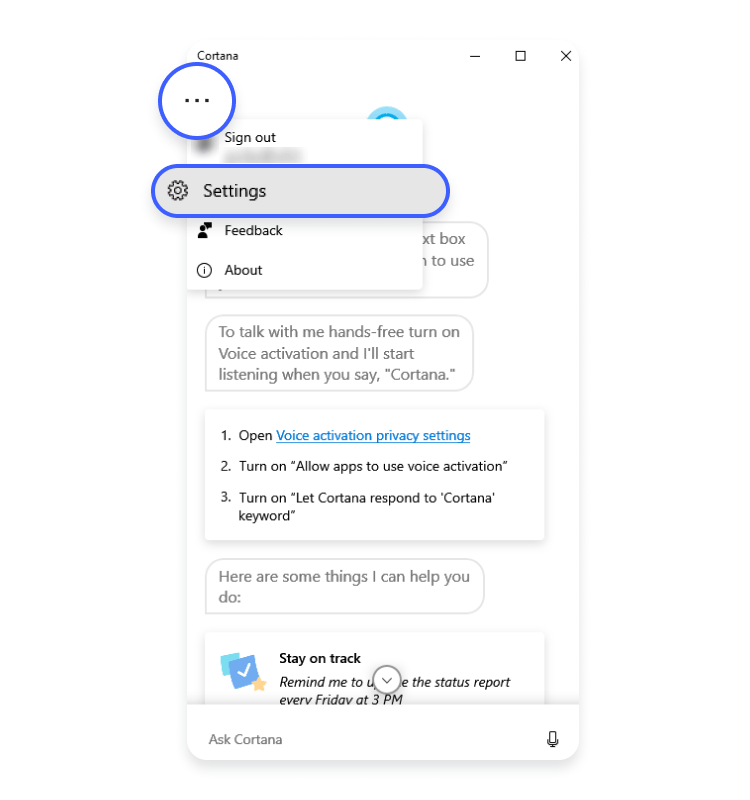 cortana settings