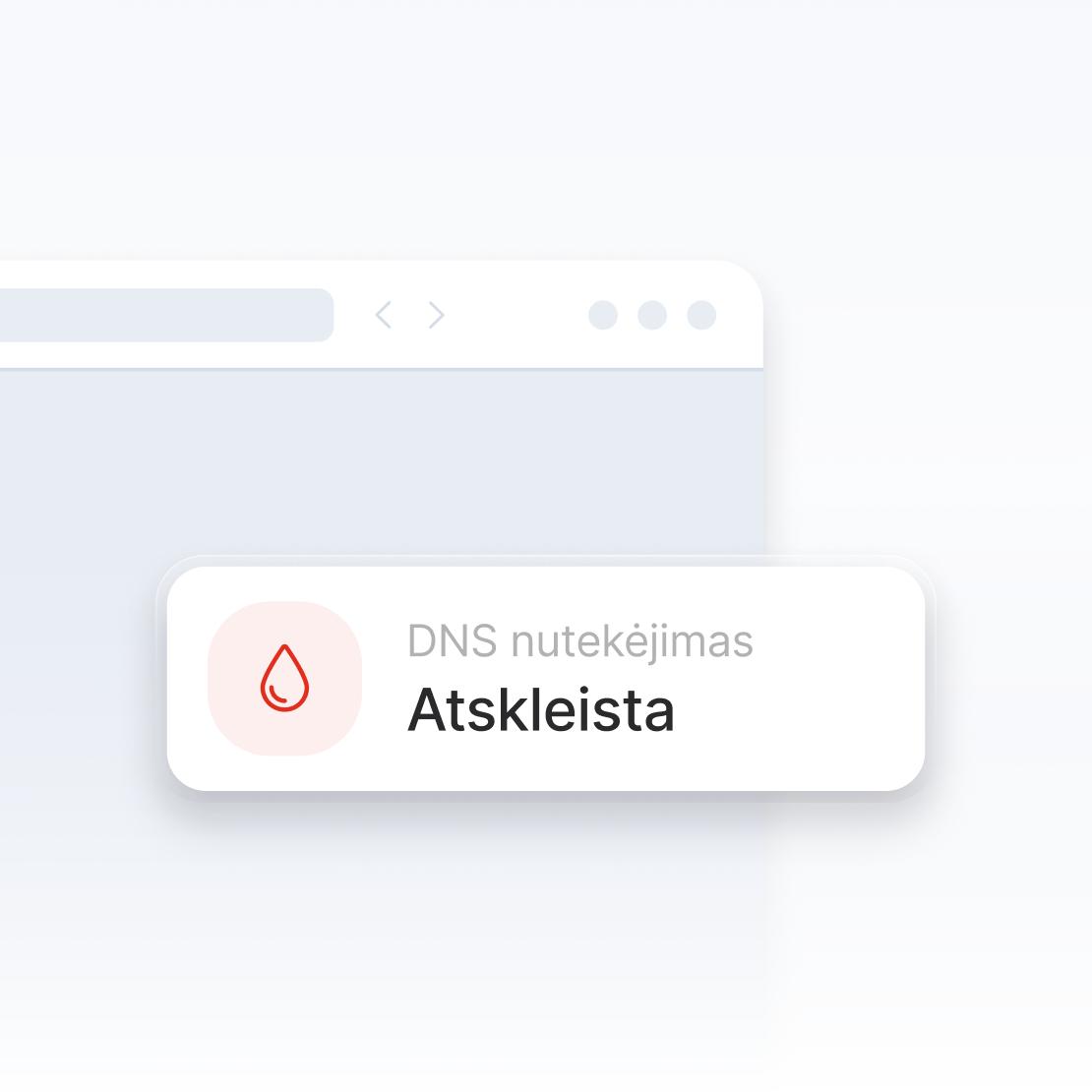 Interneto naršyklės lango fragmentas, įspėjantis apie DNS nutekėjimą.