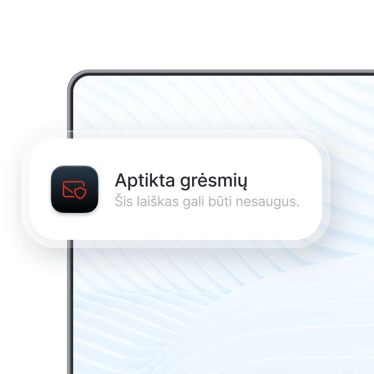 „NordVPN“ el. pašto apsaugos funkcija rodo įspėjimą apie nesaugų el. laišką.