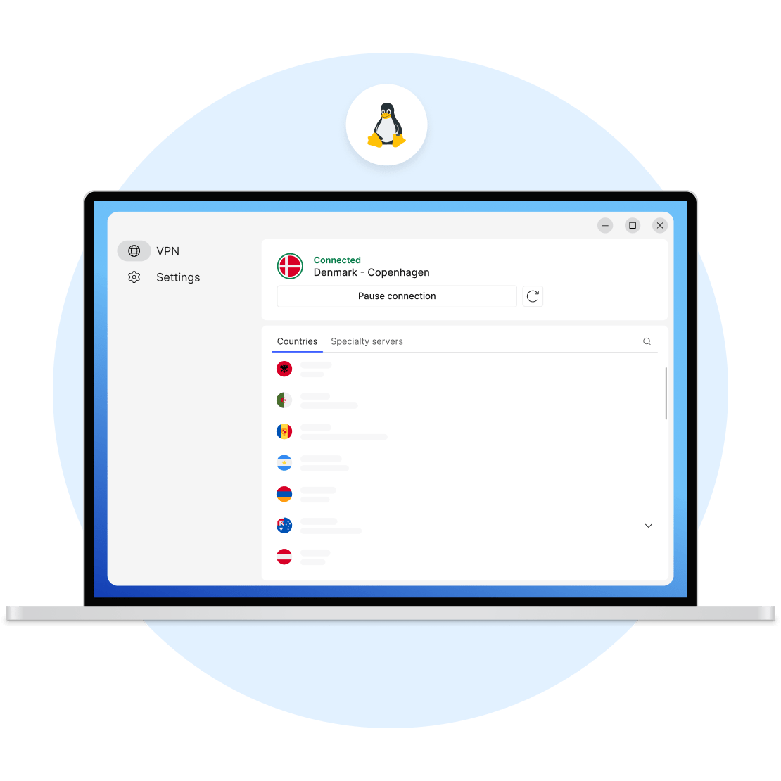 En skærm på en bærbar computer, der viser NordVPN-landeservere – et alternativ til et gratis VPN til Linux.