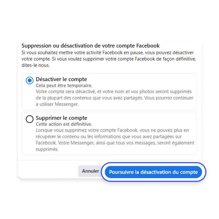 Cochez la case Désactiver le compte pour désactiver temporairement votre compte Facebook